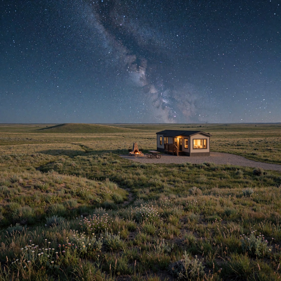 A warmly lit two-bedroom home alone on the open prairie beneath the Milky Way, with a stone fire pit and picnic table alongside.