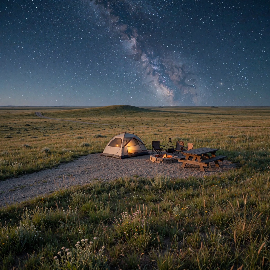 A lit dome tent on a private gravel campsite pad on the open prairie at night, with a stone fire ring, camp chairs, and picnic table, a gravel drive leading in.
